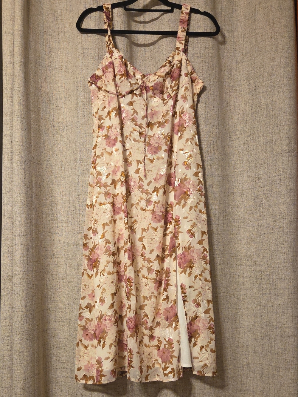 Cream Midi Slip Dress with Pink Floral Print